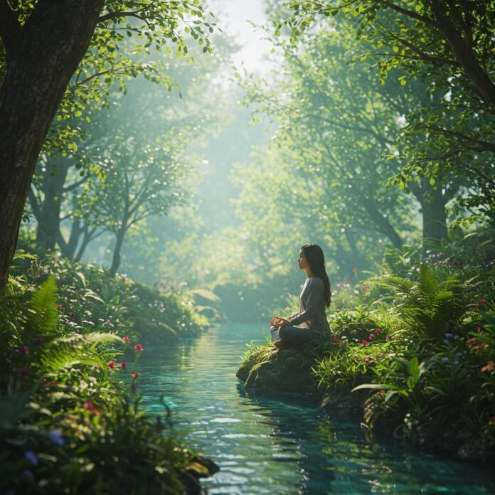 A person meditating in a peaceful natural setting with sunlight filtering through trees, surrounded by lush greenery and a calm stream. A person meditating in a peaceful natural setting with sunlight filtering through trees, surrounded by lush greenery and a calm stream.