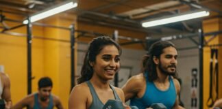 Beginners lifting weights in a welcoming gym.