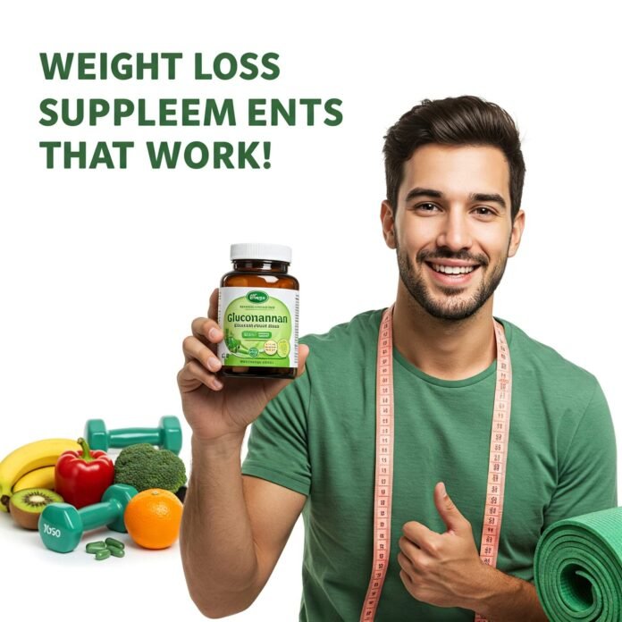 Confident person smiling with weight loss supplements, surrounded by fresh fruits, vegetables, and gym setting, with the text 'Weight Loss Supplements That Work! Confident person smiling with weight loss supplements, surrounded by fresh fruits, vegetables, and gym setting, with the text 'Weight Loss Supplements That Work!