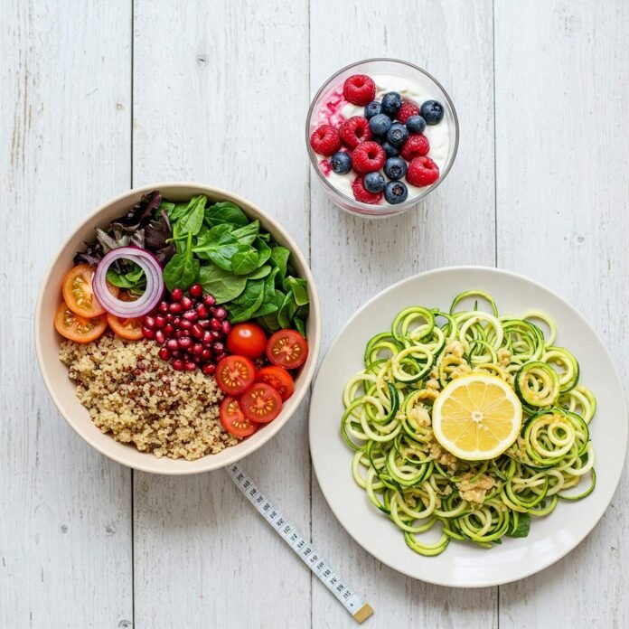 Overhead shot of a colorful, healthy meal spread featuring quinoa bowl, zucchini noodles, and yogurt parfait on a wooden table, styled with fresh herbs and citrus. Overhead shot of a colorful, healthy meal spread featuring quinoa bowl, zucchini noodles, and yogurt parfait on a wooden table, styled with fresh herbs and citrus.