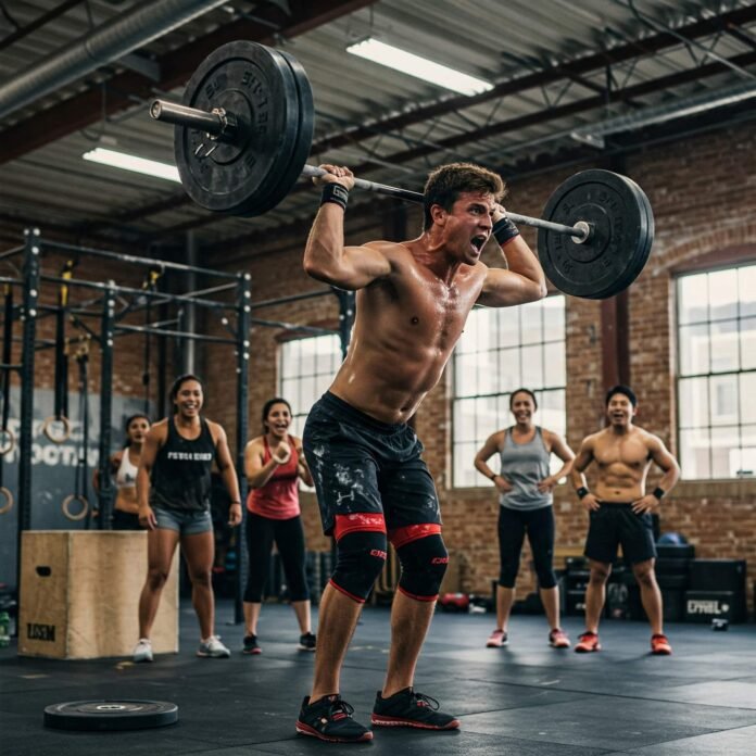 CrossFit athlete performing a barbell snatch in a brightly lit gym, emphasizing strength and community CrossFit athlete performing a barbell snatch in a brightly lit gym, emphasizing strength and community