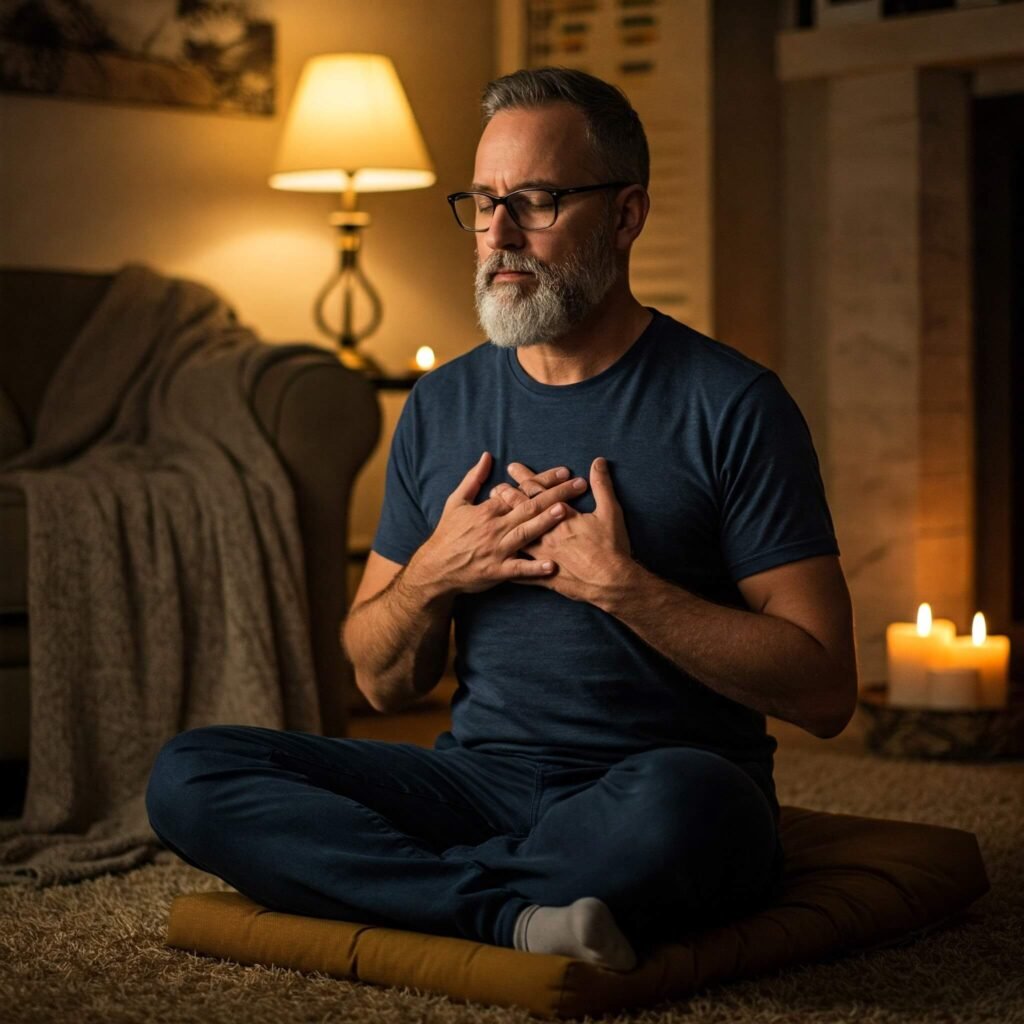 A person practicing mindful breathing in a cozy indoor setting with soft lighting and earthy tones
