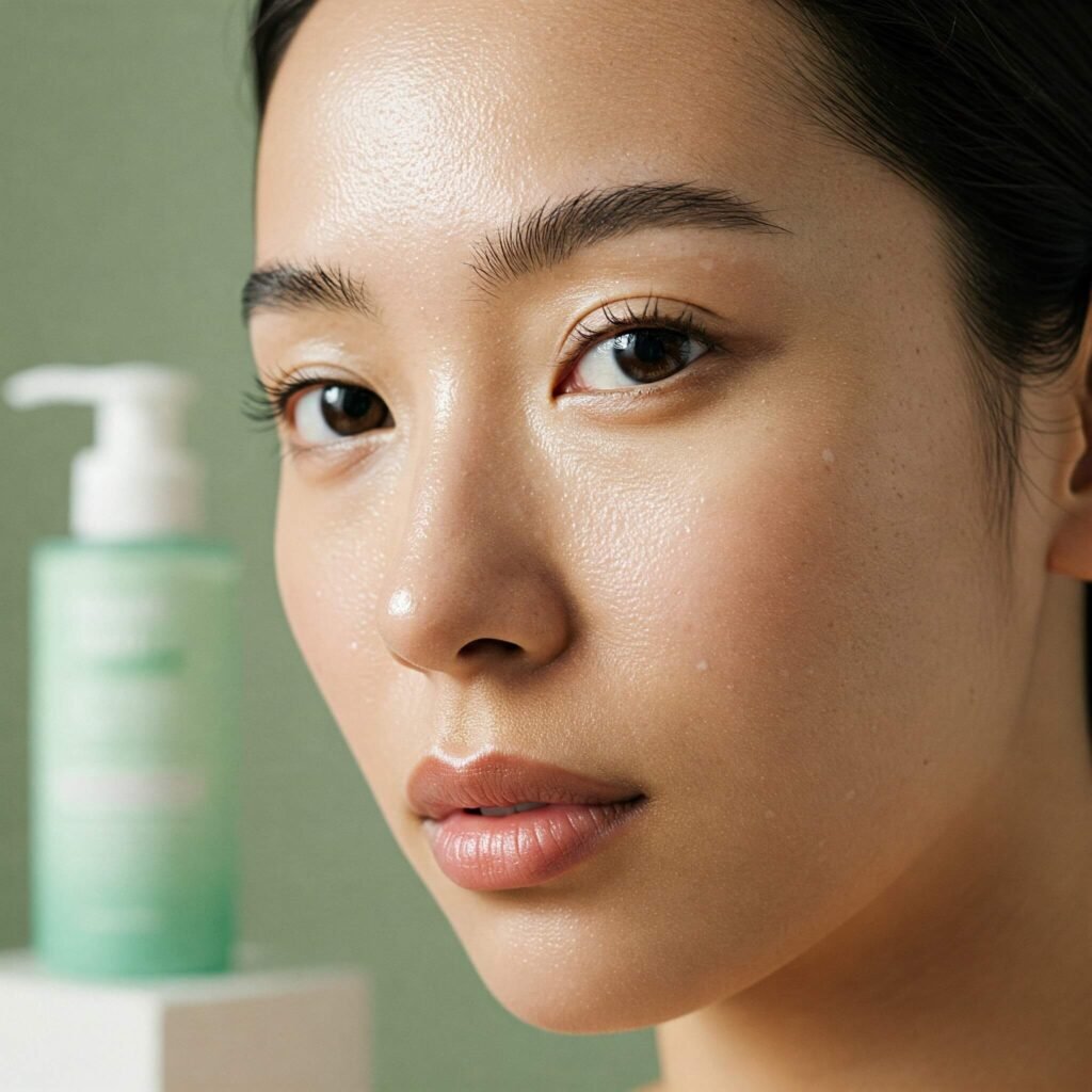 Close-up of a person’s clear, radiant skin.