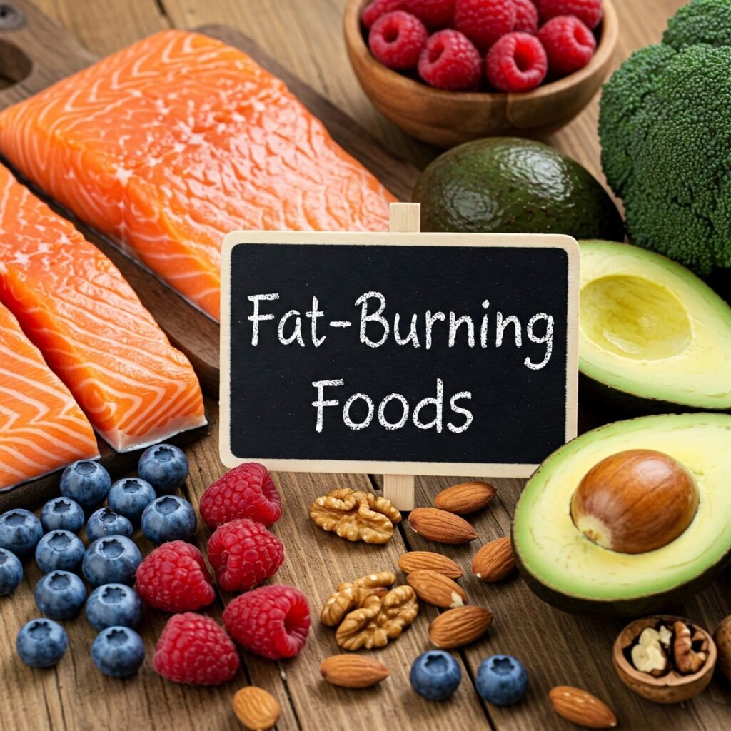 Rustic wooden table with fat-burning foods.