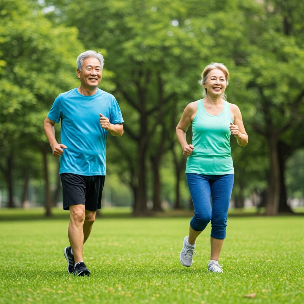 Energetic senior couple practicing yoga or jogging to stay fit
