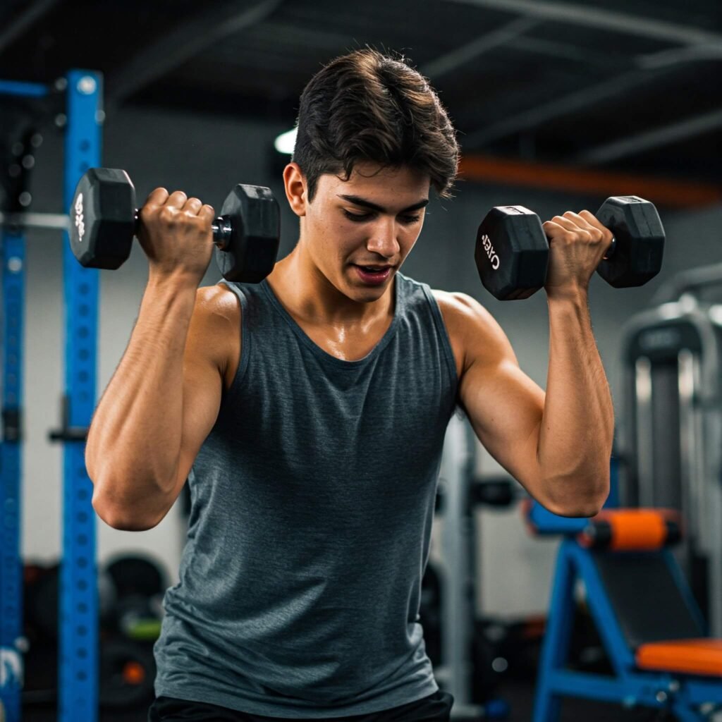 Beginner lifting dumbbells confidently