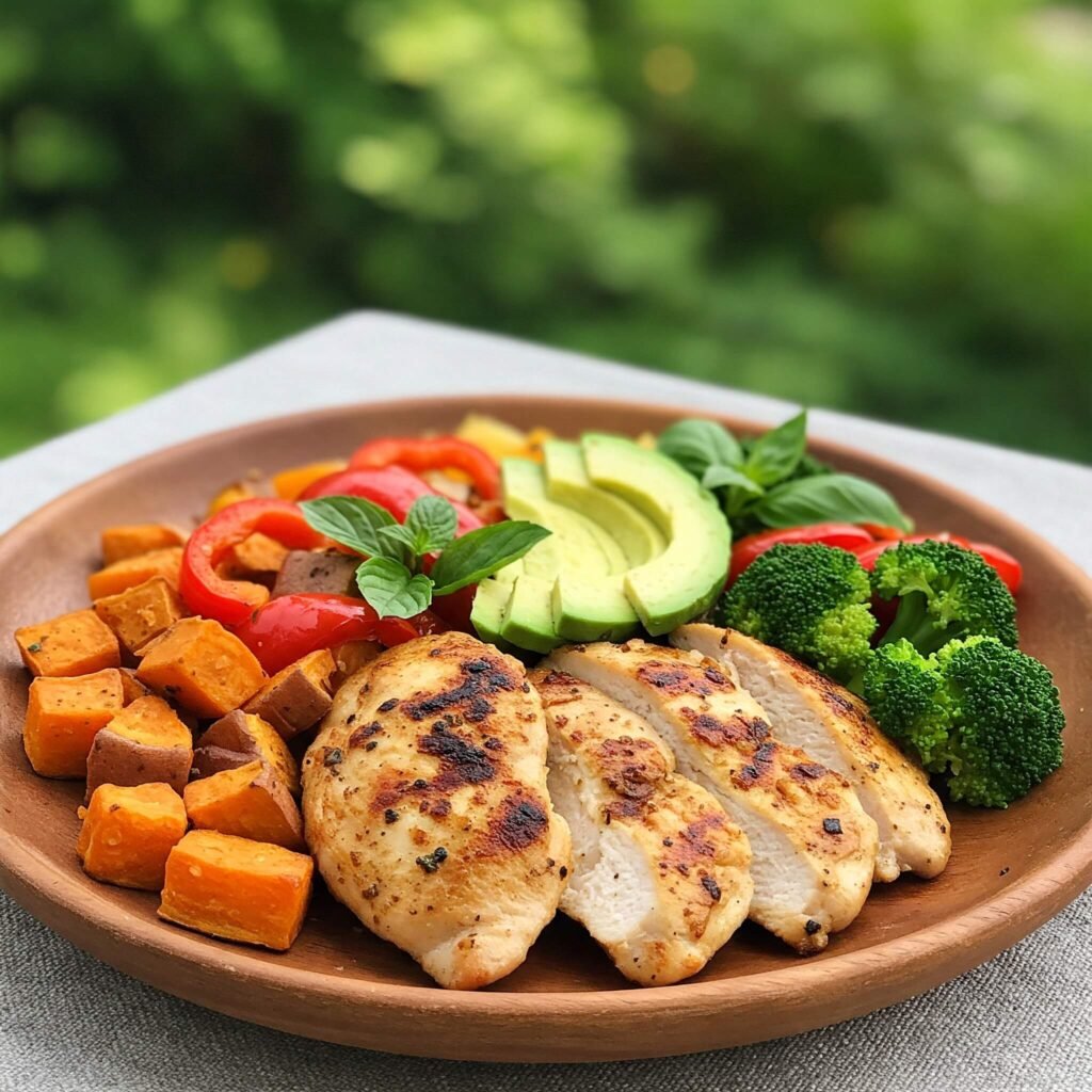 Paleo meal featuring grilled chicken, colorful vegetables, and avocado on a wooden plate."