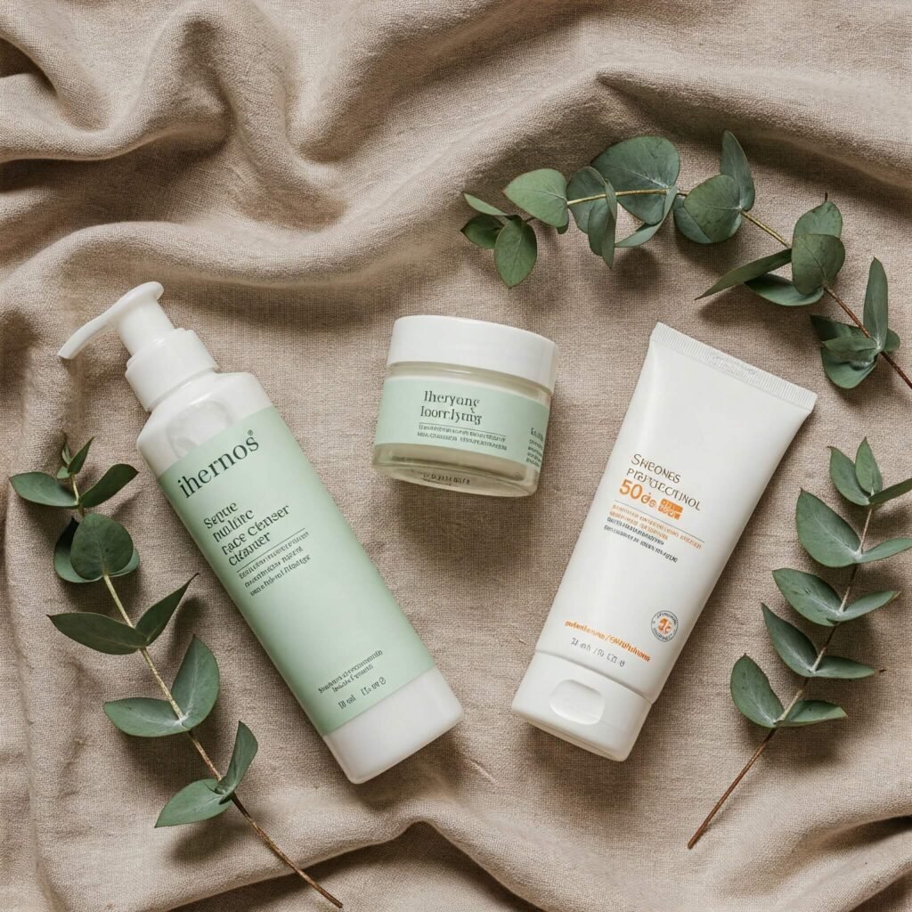 Clean skincare product bottles on linen with eucalyptus