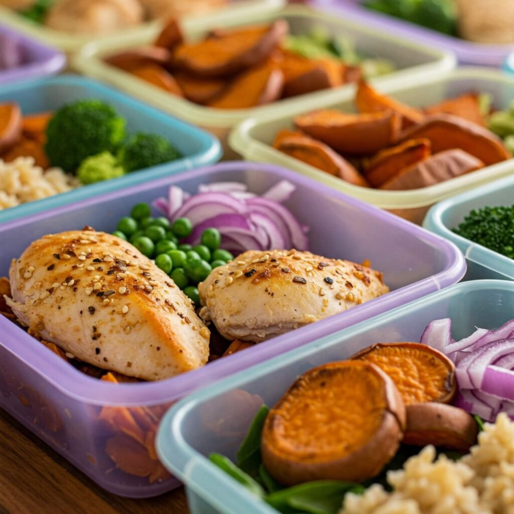 Close-up of vibrant meal prep containers showing textures of fresh salmon, roasted vegetables, and quinoa.