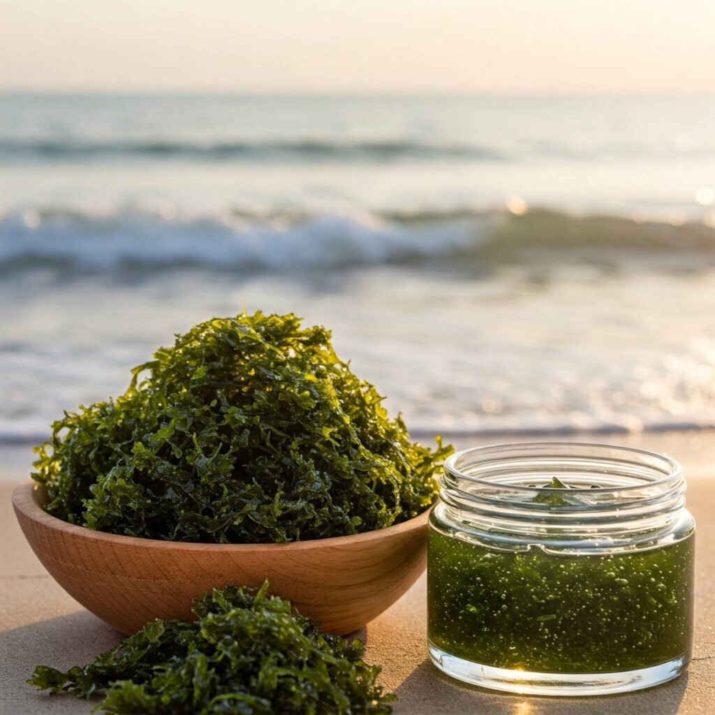 Close-up of natural and processed sea moss with coastal background.
