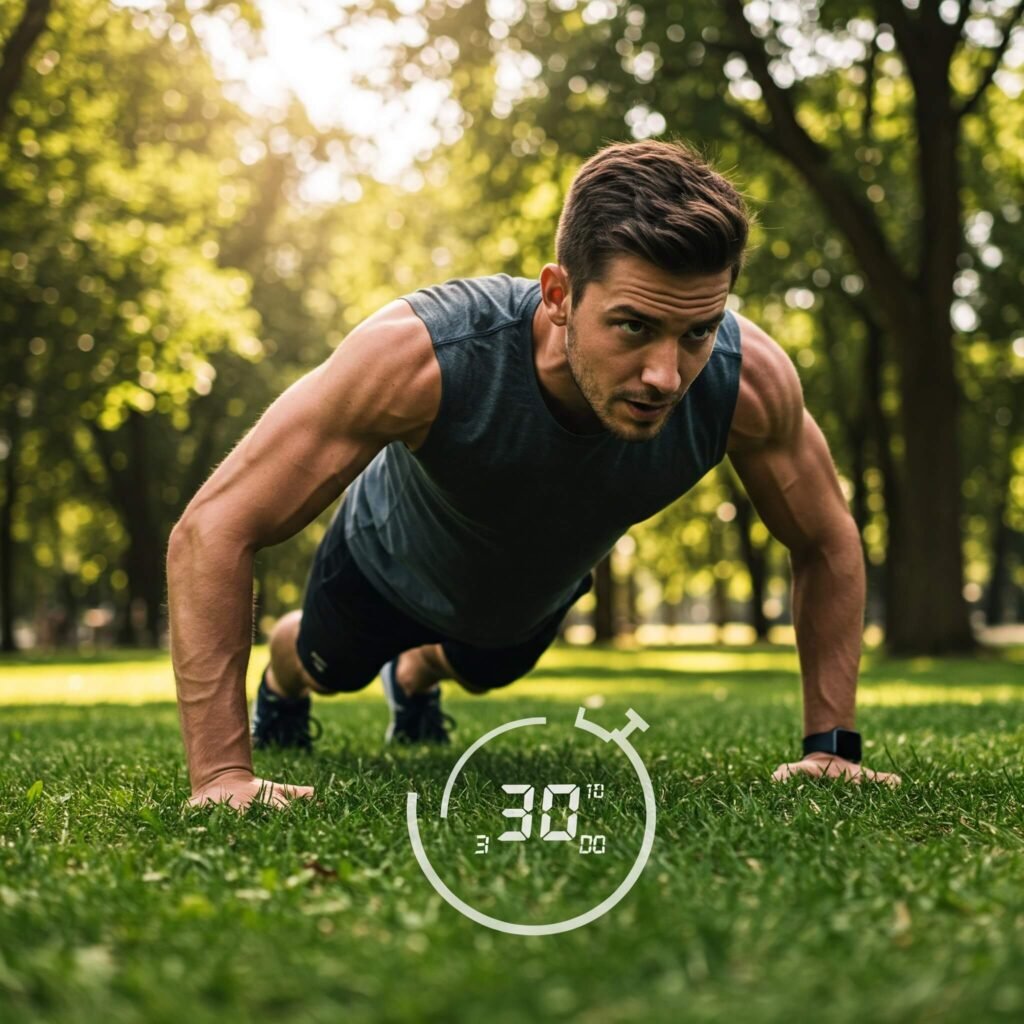 Close-up of a person doing burpees in a park with a 30-second stopwatch graphic.