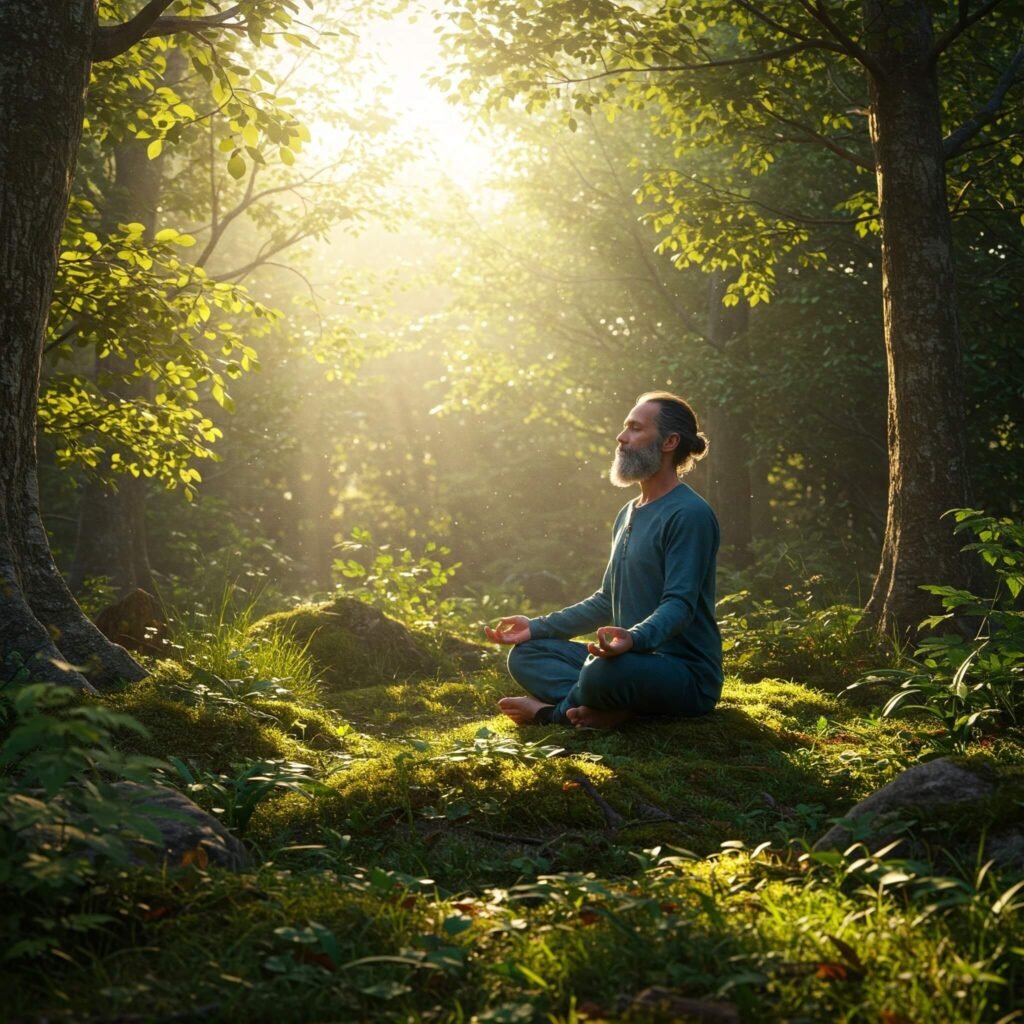 Person meditating in a forest with sunlight