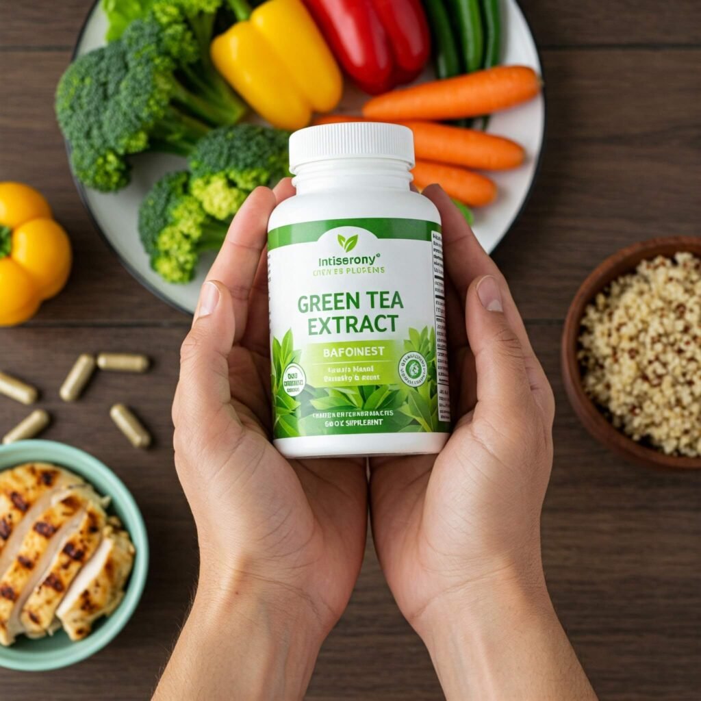 Hands holding weight loss supplements with a plate of healthy food