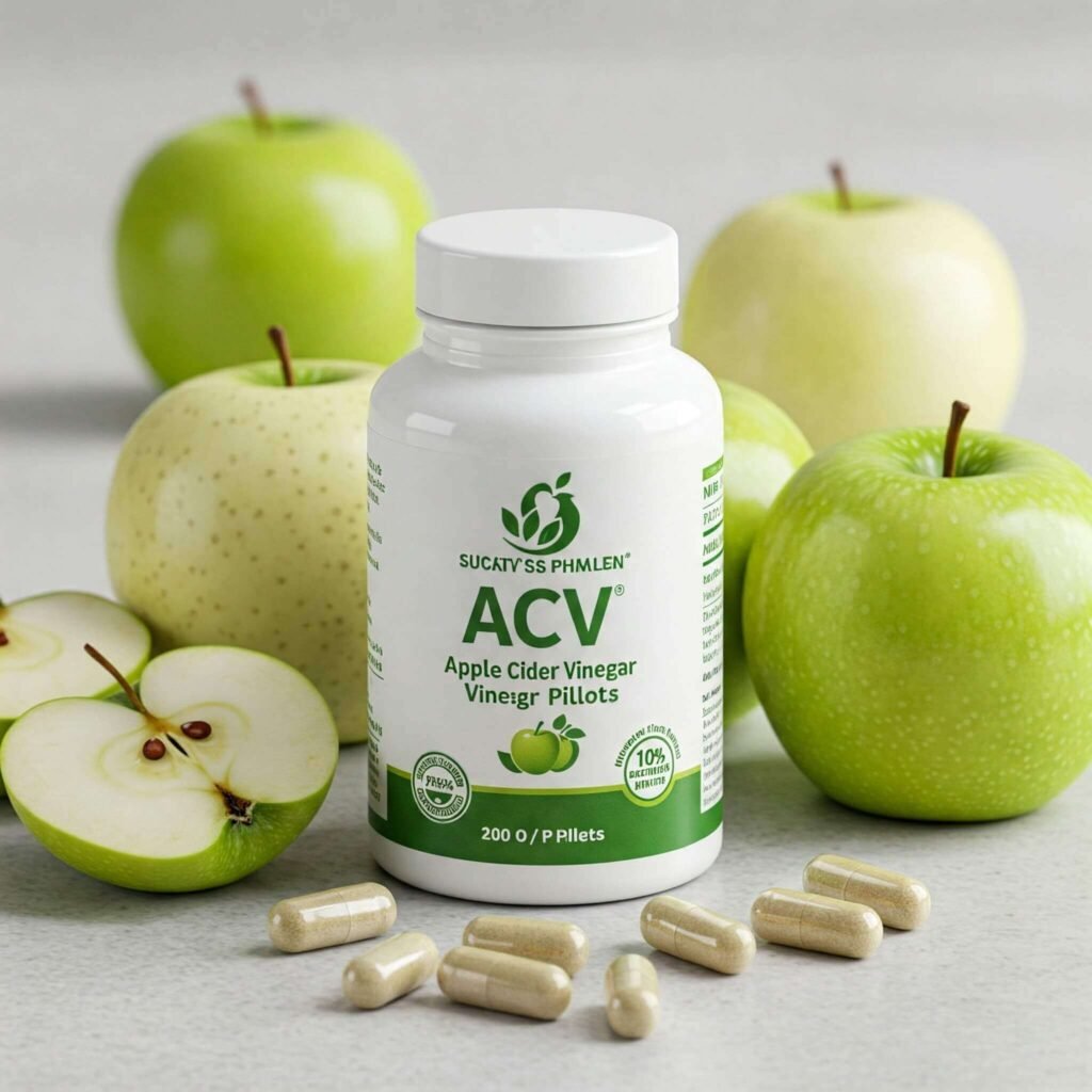 Sleek ACV pills bottle with fresh apples.