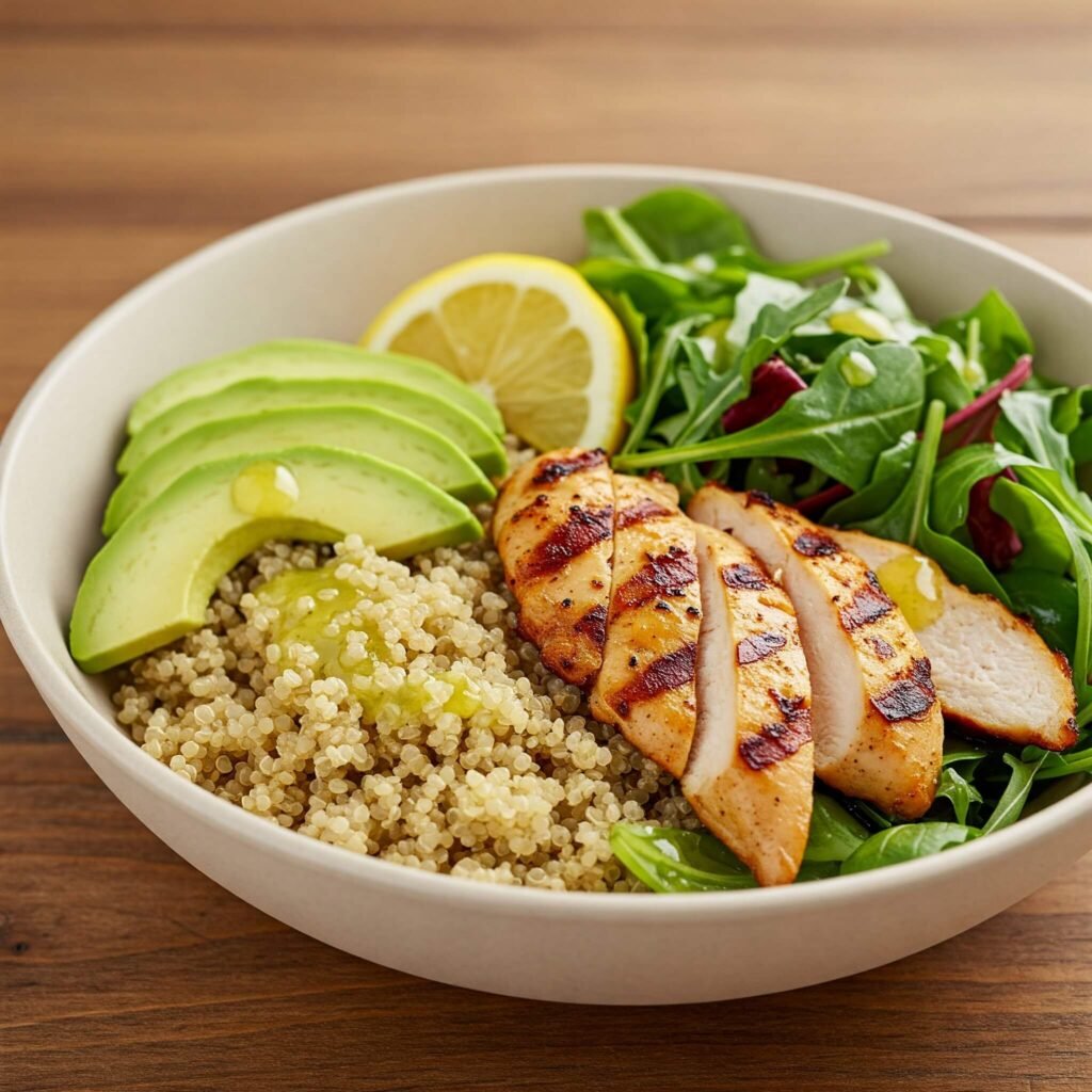 Close-up of a quinoa bowl with grilled chicken, avocado, and greens, drizzled with light dressing, on a rustic wooden table.