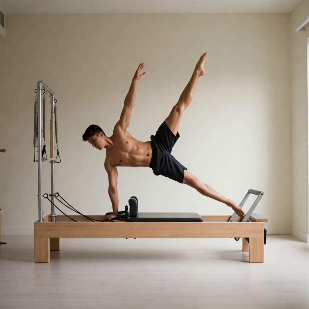 Pilates reformer exercise in sleek studio