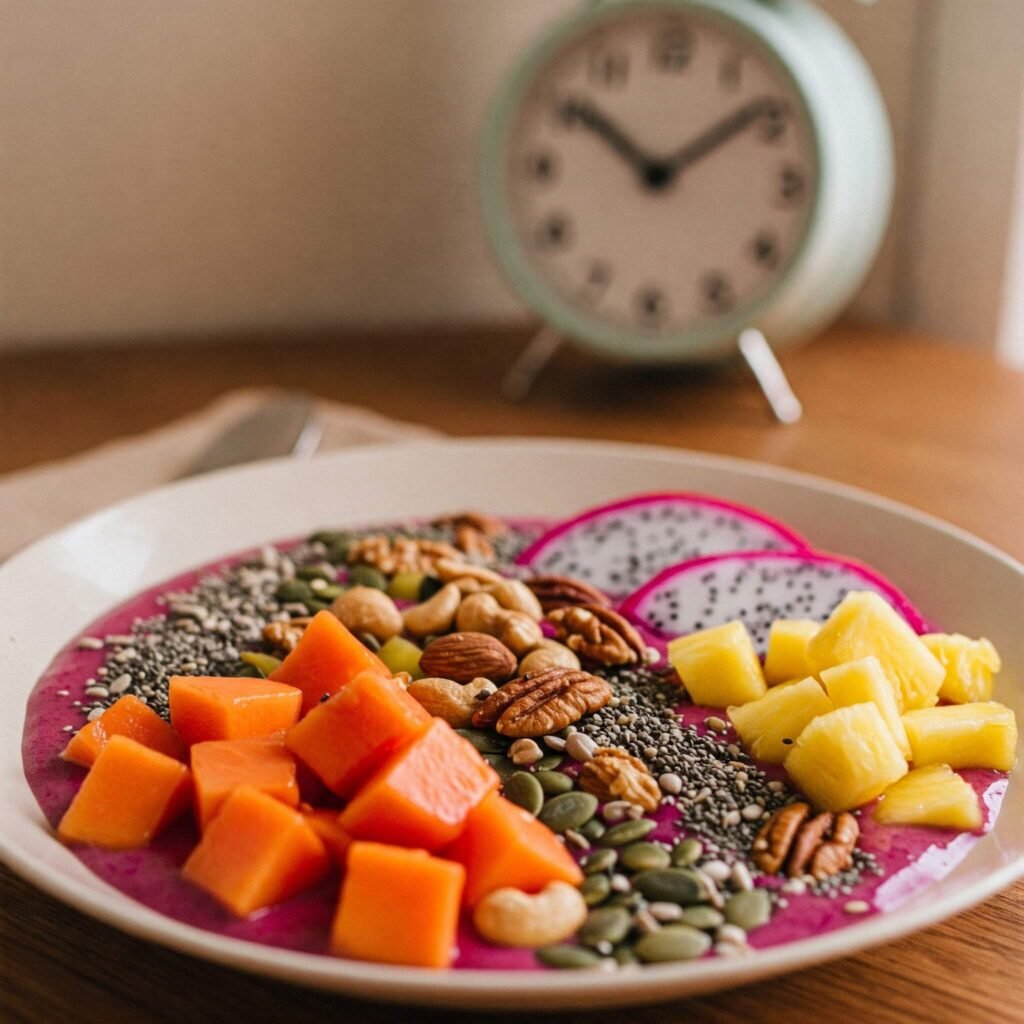 Healthy breakfast plate with a blurred clock"