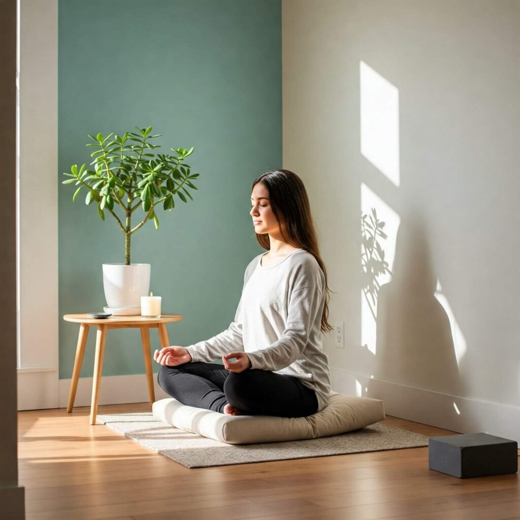 Cozy indoor meditation setup with person and plants