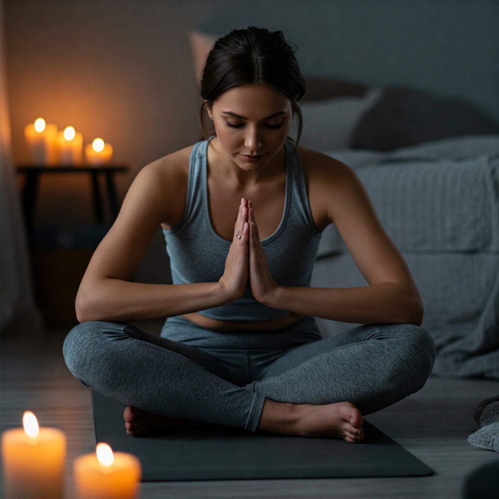Bedtime yoga for relaxation: Emphasizes the purpose and setting of the image.
