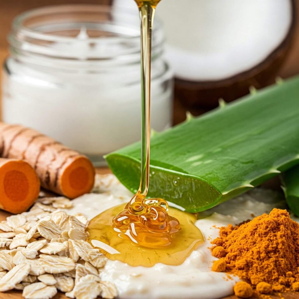 Natural skincare ingredients: aloe vera, coconut oil, honey, oats, turmeric