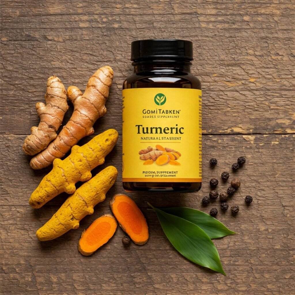 Turmeric supplement bottle with fresh roots and pepper.
