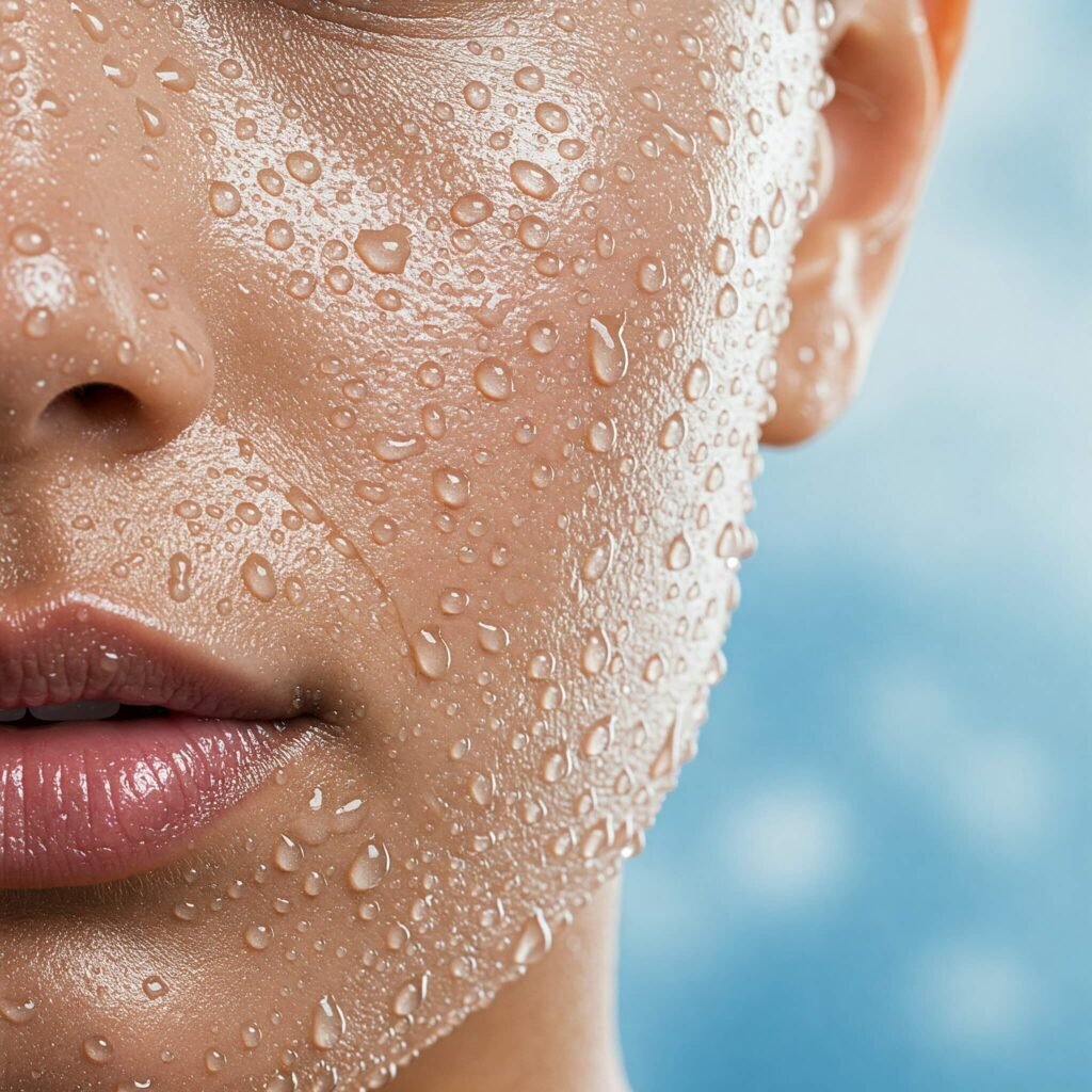 Close-up of radiant, hydrated skin with water droplets