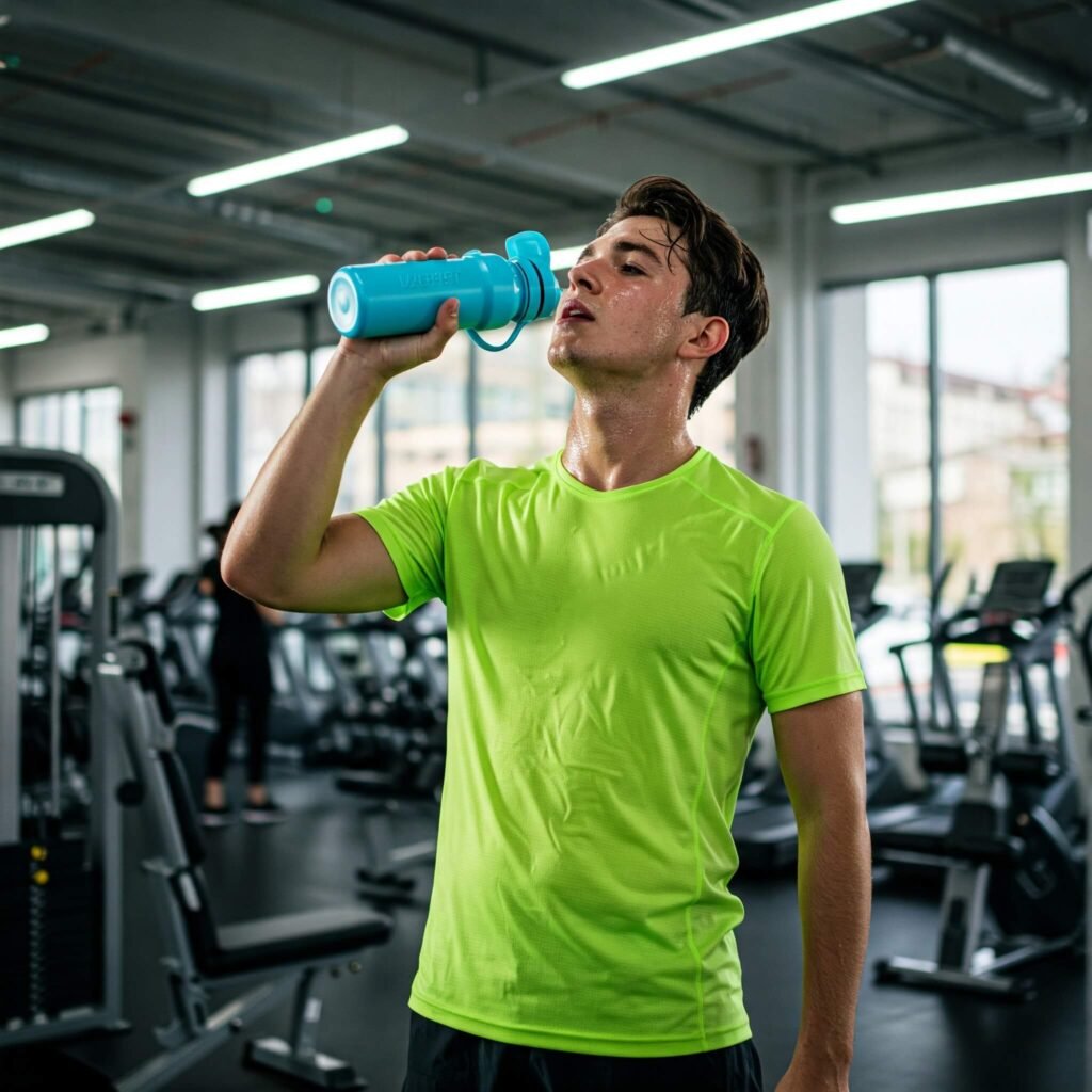 Person drinking water during workout.