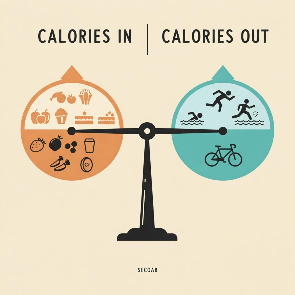 Caloric deficit math explained with diet and activity symbols.