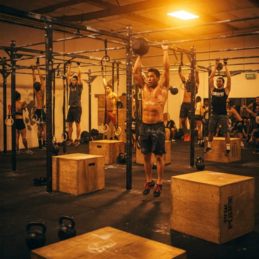 Diverse group of athletes engaging in various CrossFit exercises, fostering a sense of community and energy in a gym setting