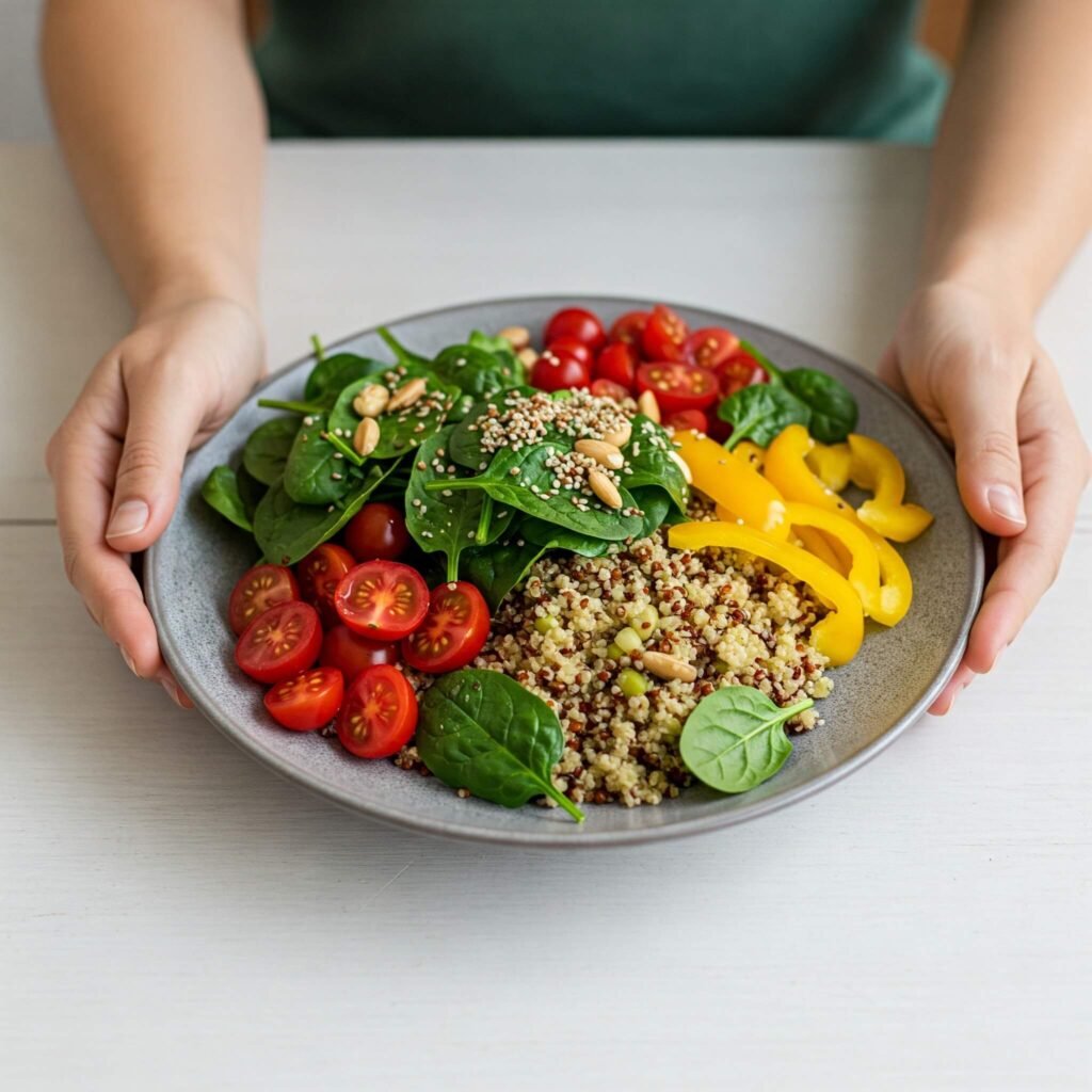 A person's hands mindfully holding a colorful, healthy meal with fresh ingredients on a plate.