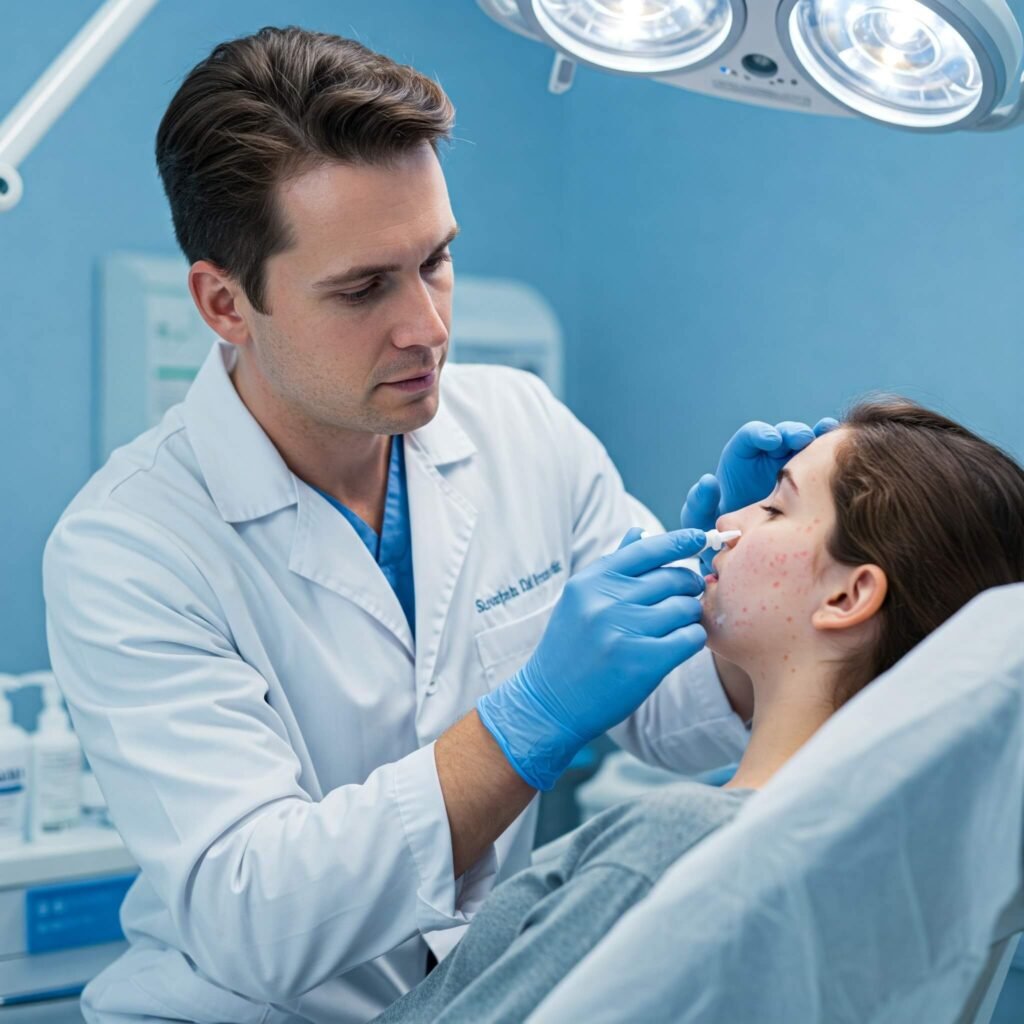 A dermatologist applying a topical acne treatment.