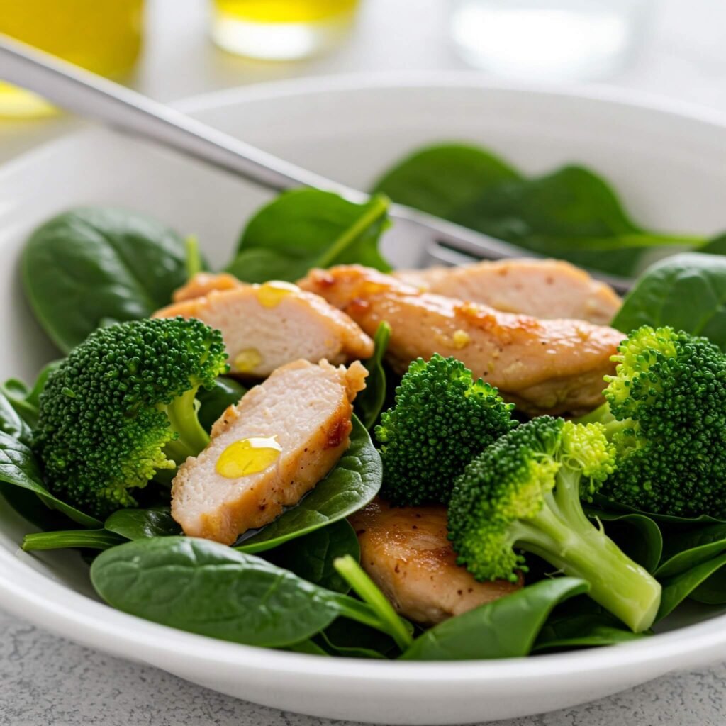 Close-up of a healthy spinach salad with chicken.