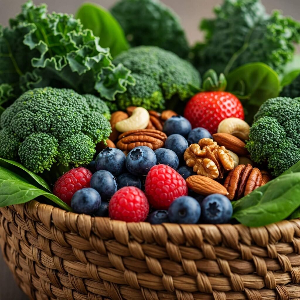 Close-up of fresh paleo ingredients including berries, nuts, and leafy greens in a woven basket."