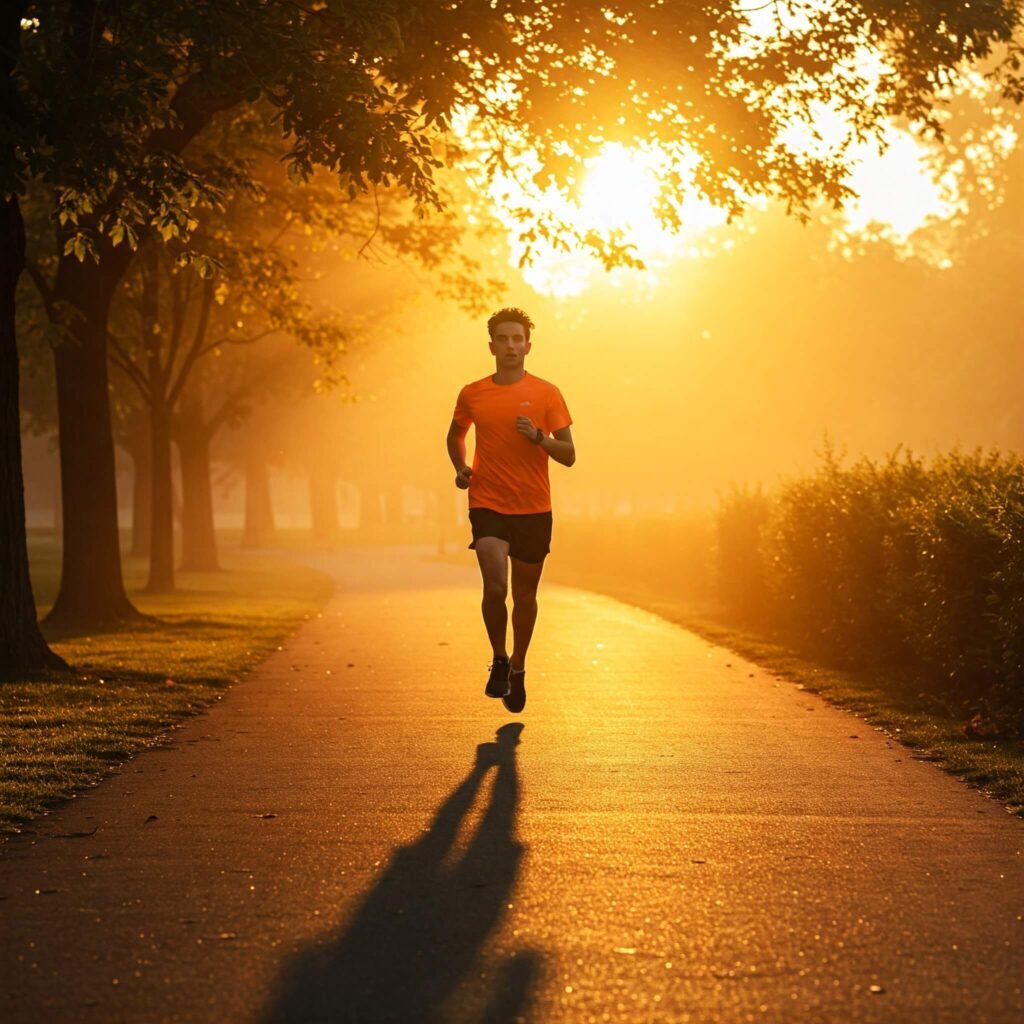 Runner jogging at sunrise in park.
