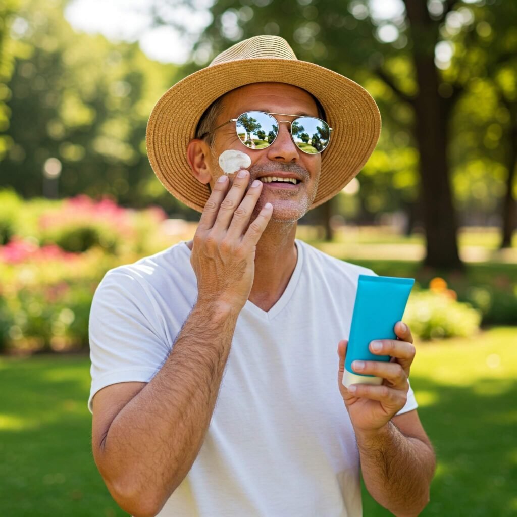 Person applying sunscreen outdoors to protect skin