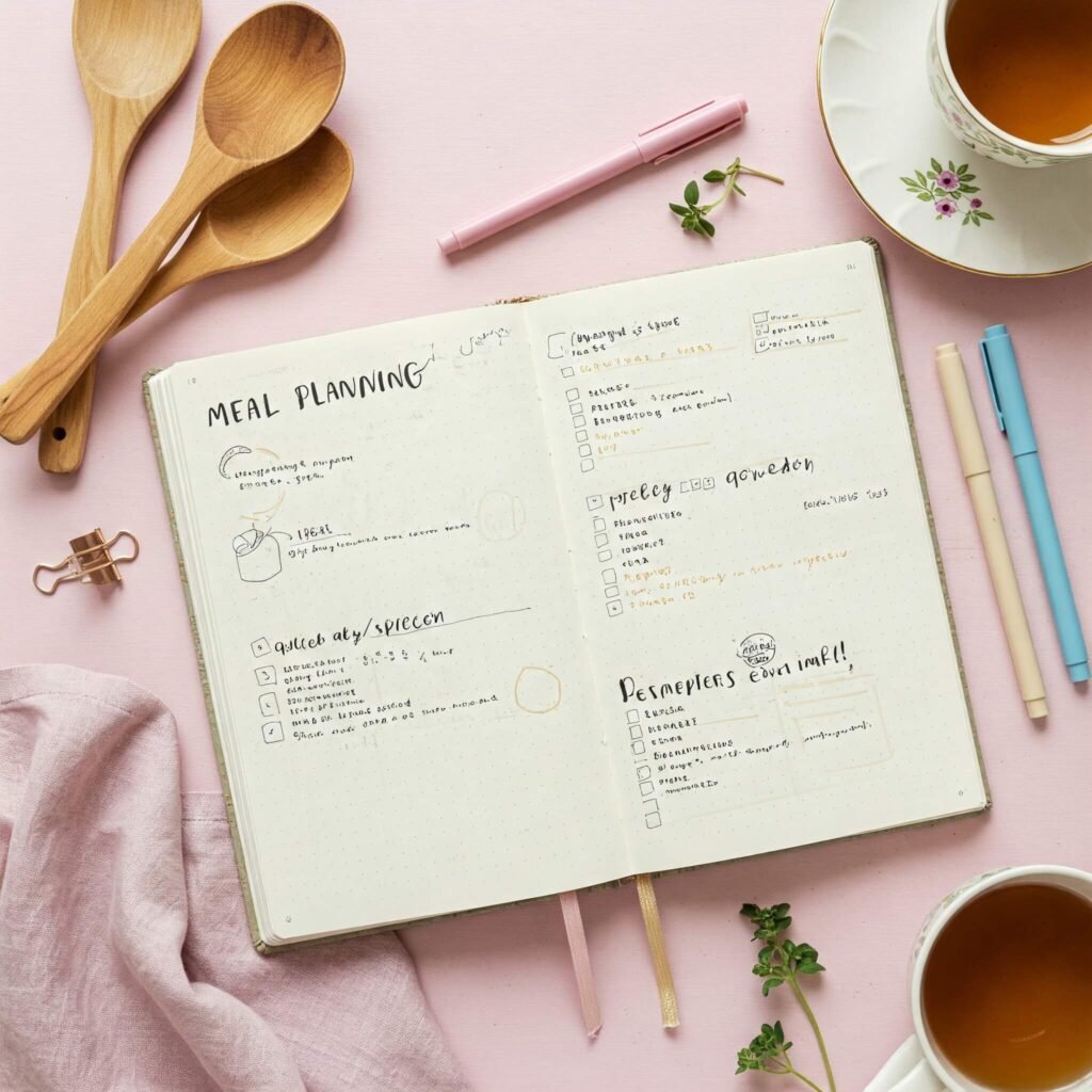 Flat-lay of a handwritten meal planning notebook with soft pastel tones.