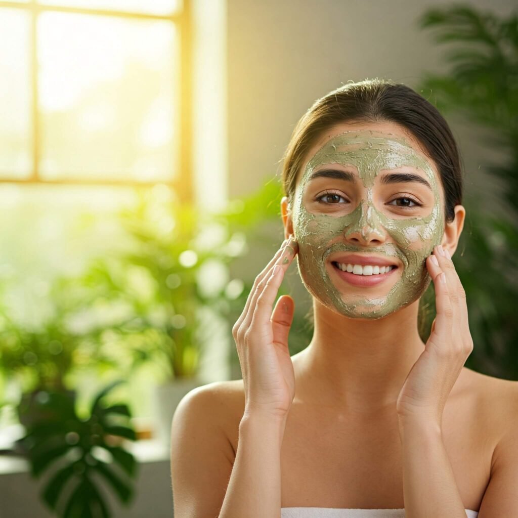 Woman applying sea moss face mask for glowing skin