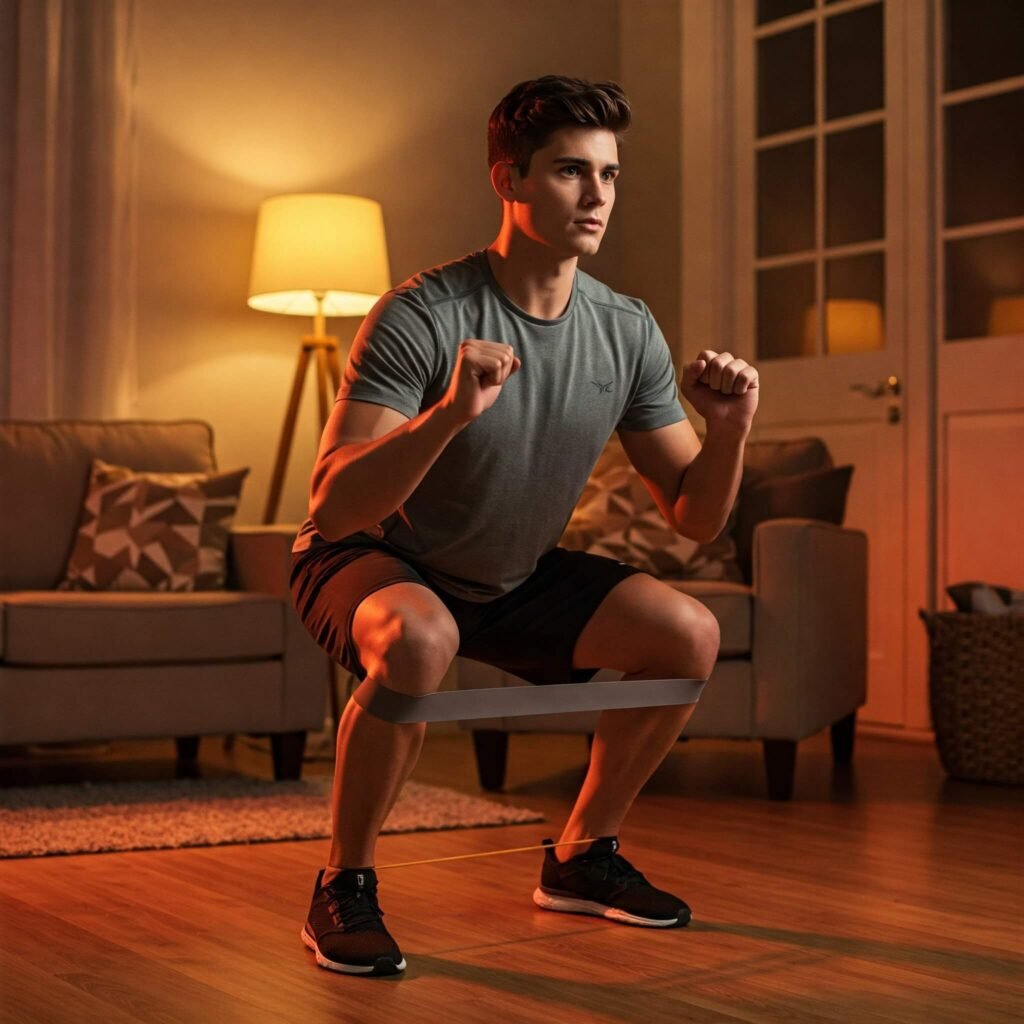 Person performing banded squat at home