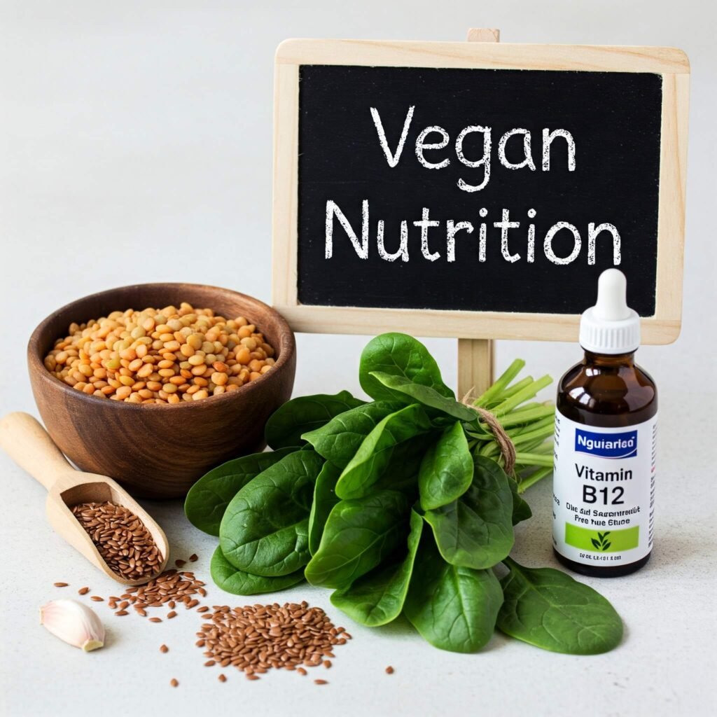 Clean, organized display of vegan nutrition elements, including a B12 bottle.