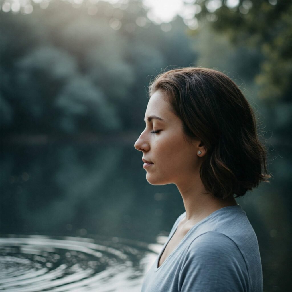 Person practicing deep breathing by a tranquil lake