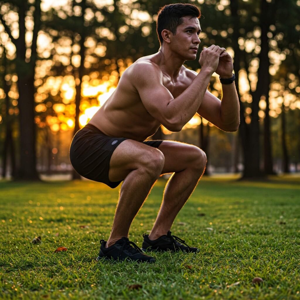 A person doing a squat in a park at sunset."