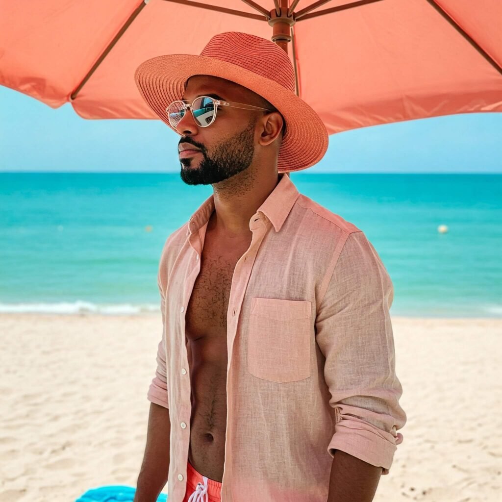 Person in wide-brimmed hat practicing sun protection at the beach.