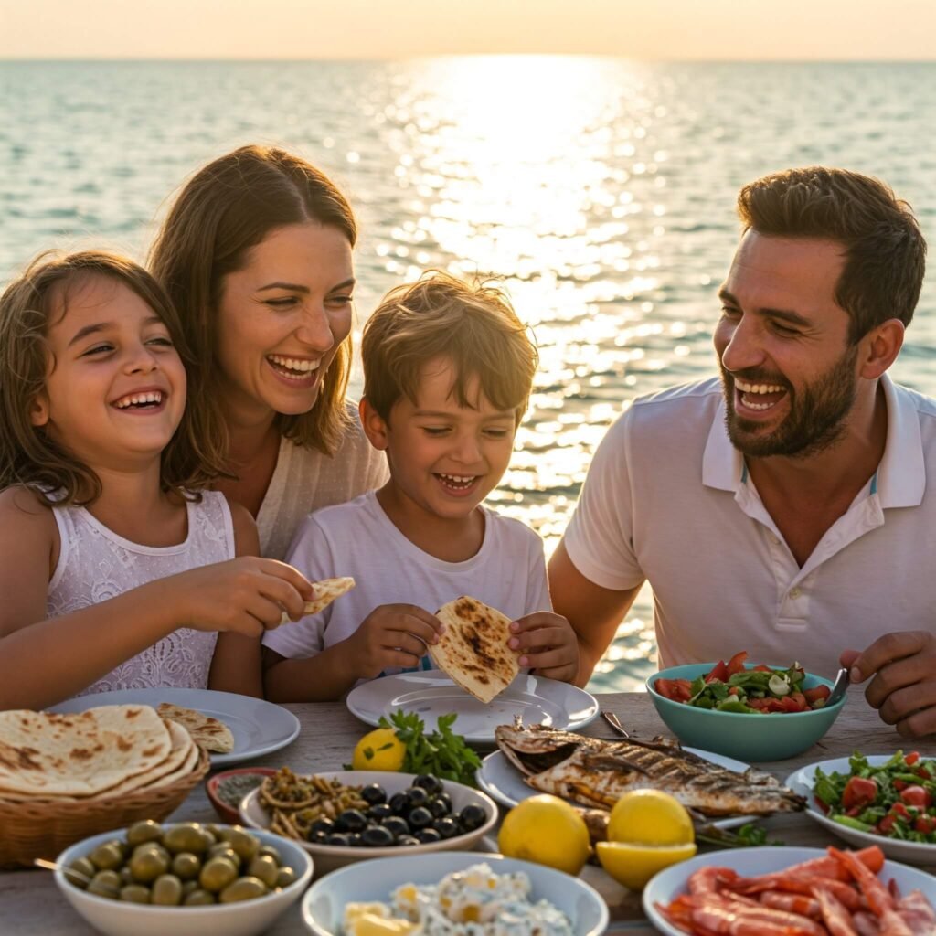 Family enjoying Mediterranean meal by the coast