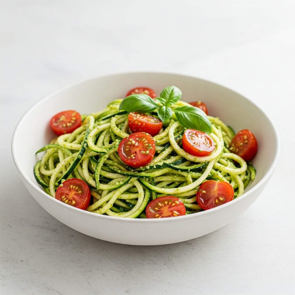 White bowl of zucchini noodles in pesto, topped with cherry tomatoes, against a clean white background
