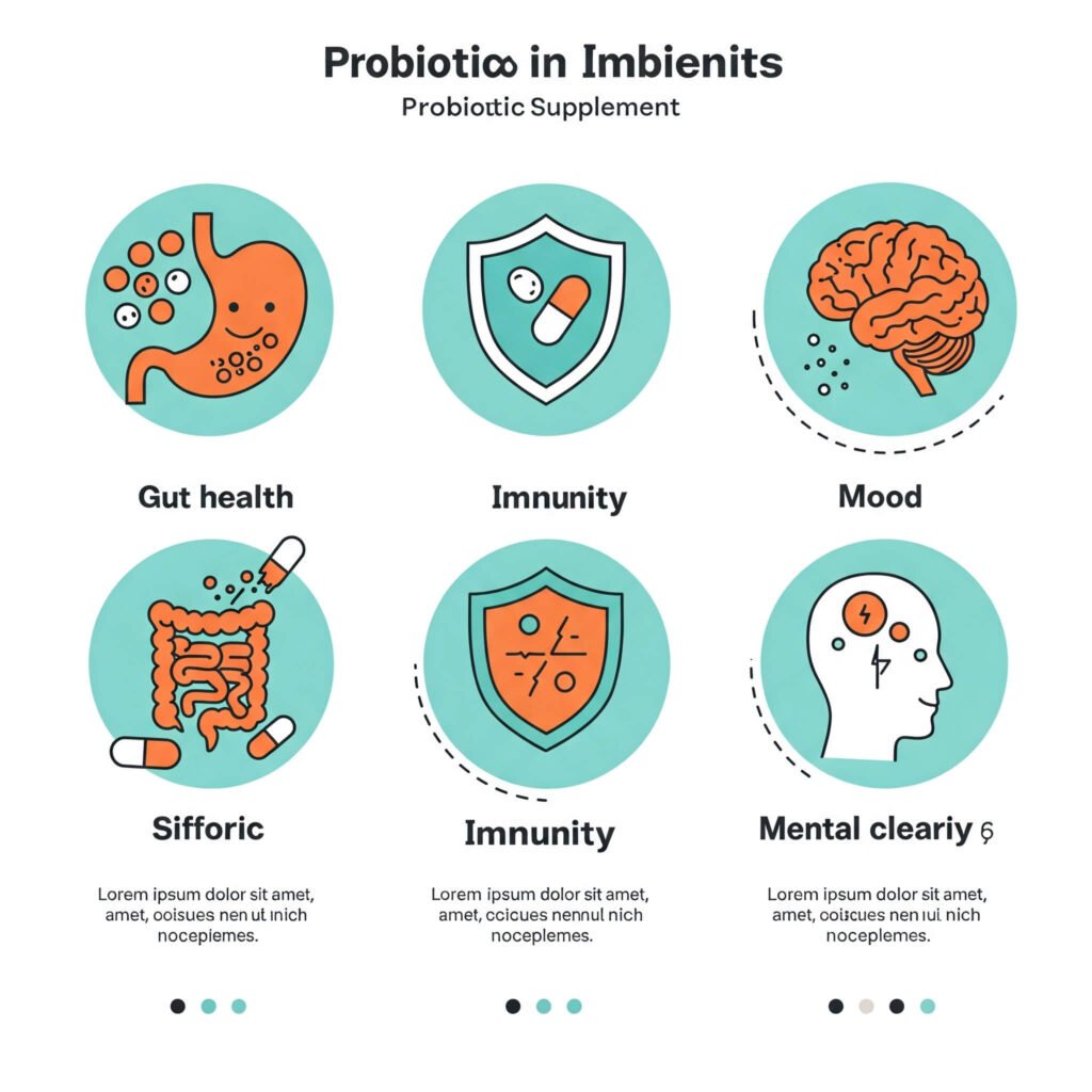 Probiotic supplement benefits: A visual guide to gut health, immunity, and mental clarity.