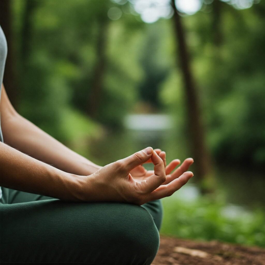 Hands meditating in nature, soft focus