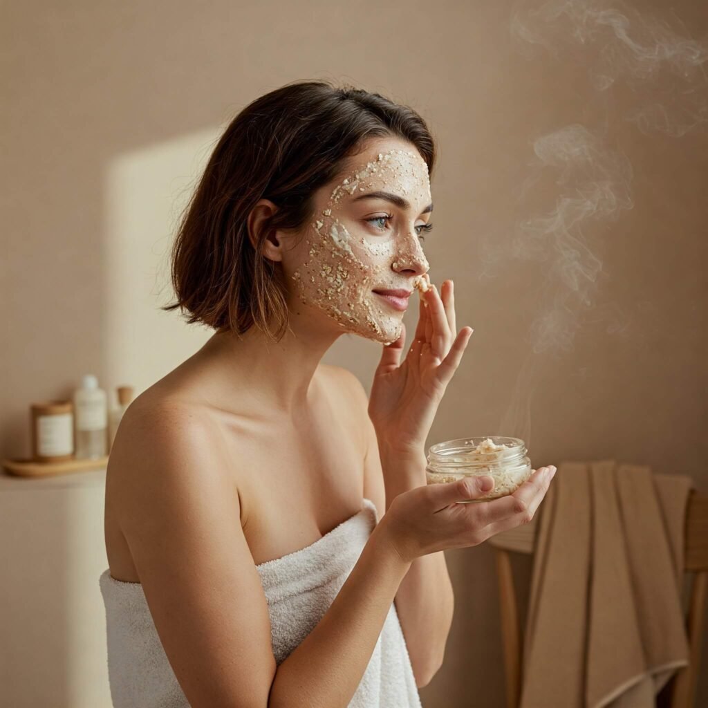 Woman applying oatmeal scrub in a relaxing spa setting.