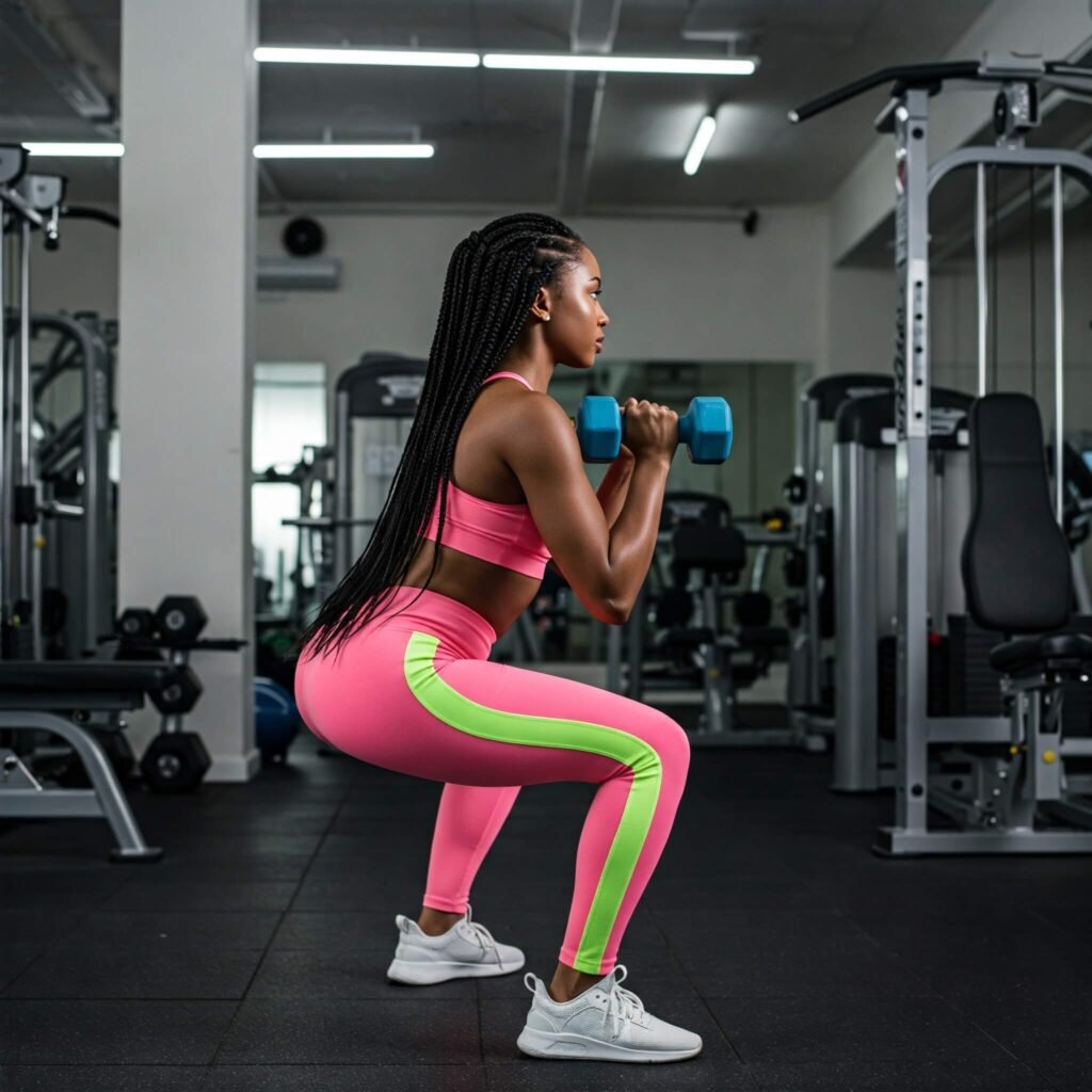 "Person lifting dumbbells or squatting in gym for strength training."