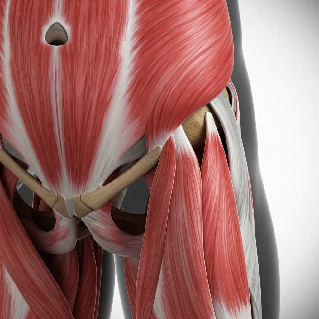 Bold image of a hip flexor in reds and grays, representing strength.