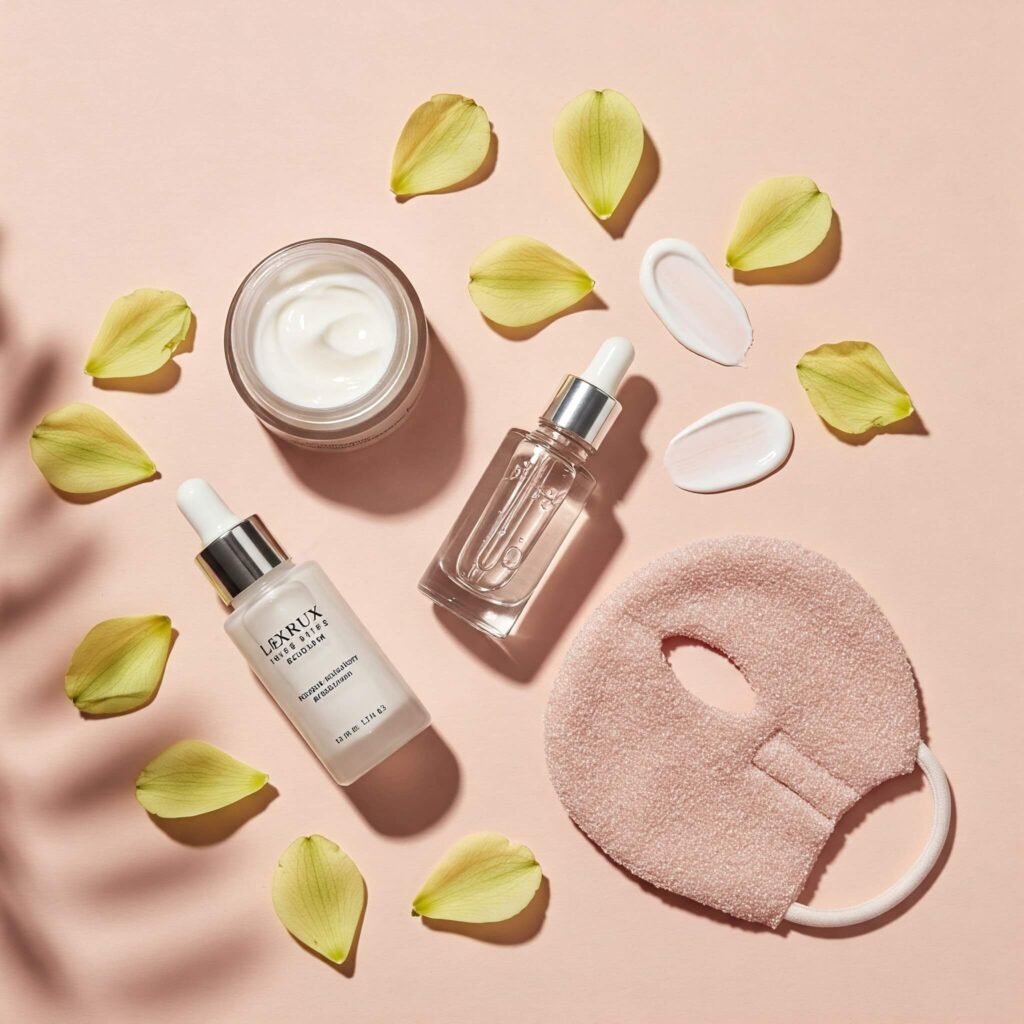 Skincare products flat lay with flower petals.